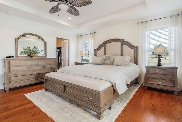 bedroom with a ceiling fan, dark wood finished floors, a closet, a walk in closet, and a raised ceiling