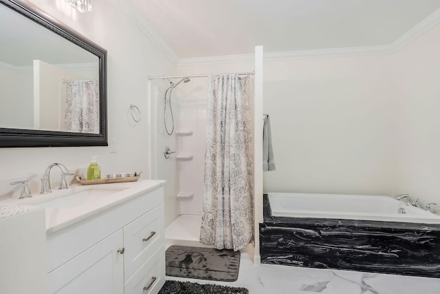 bathroom with a stall shower, vanity, and crown molding