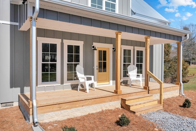 property entrance with board and batten siding