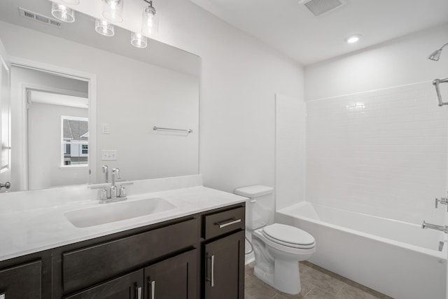 bathroom with toilet, shower / tub combination, vanity, and visible vents