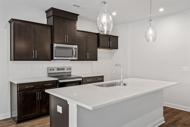 kitchen with stainless steel appliances, a kitchen island with sink, and hanging light fixtures