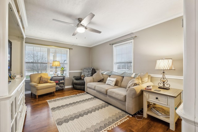 living room with ceiling fan, baseboards, dark wood-type flooring, and crown molding