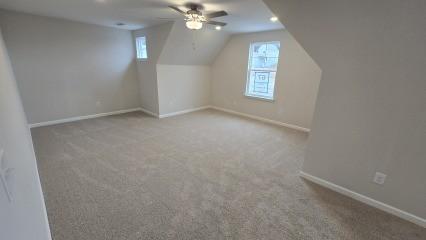 bonus room with light carpet, ceiling fan, baseboards, and a healthy amount of sunlight