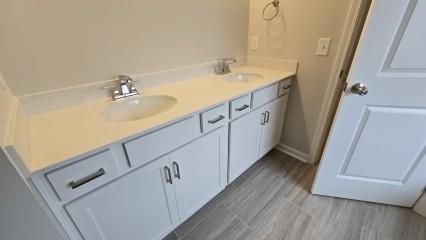 bathroom with double vanity, baseboards, and a sink