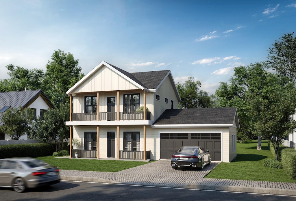 1123 Westchester Dr, Nashville, TN 37207 - modern farmhouse style home featuring a balcony, driveway, an attached garage, and a front yard