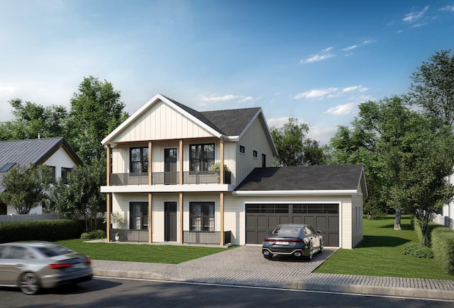 modern farmhouse style home featuring a balcony, driveway, an attached garage, and a front yard