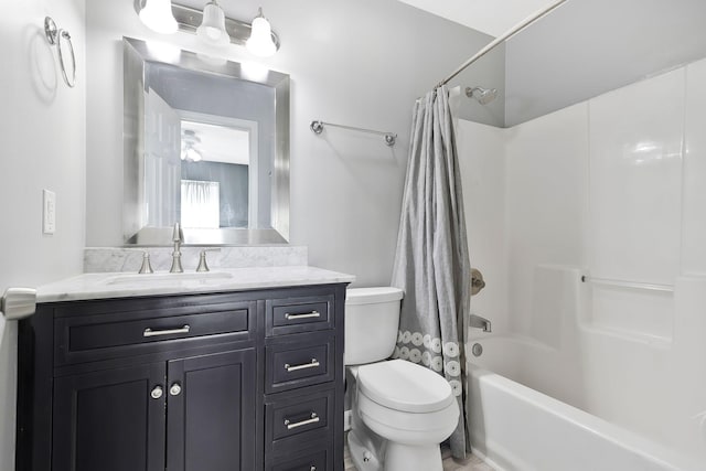 bathroom with toilet, shower / bathtub combination with curtain, and vanity