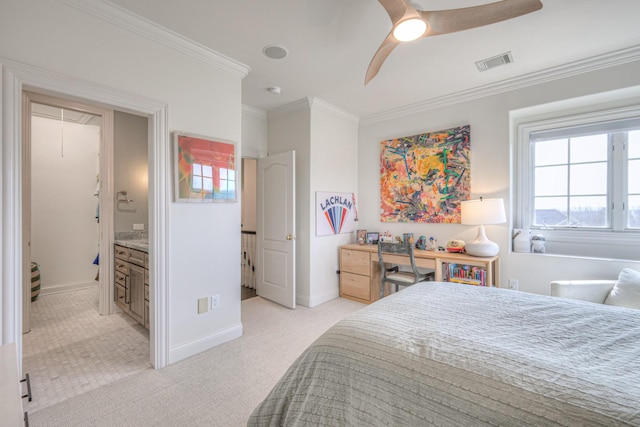 bedroom with light carpet, attic access, baseboards, visible vents, and crown molding