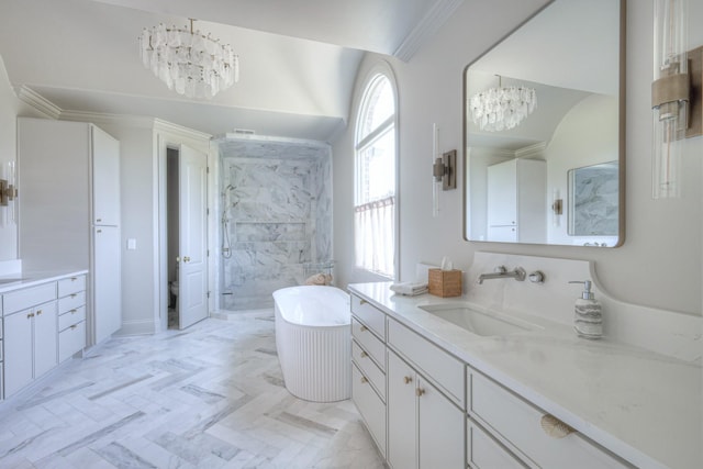 bathroom featuring a notable chandelier, crown molding, a shower stall, and vanity