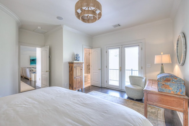 bedroom with visible vents, access to outside, french doors, ornamental molding, and dark wood-style floors