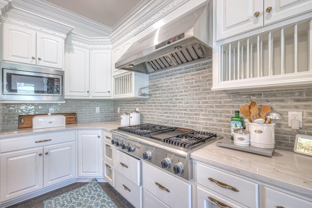 kitchen with crown molding, stainless steel appliances, exhaust hood, and white cabinets