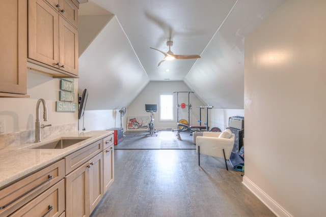 additional living space with baseboards, a ceiling fan, dark wood-type flooring, vaulted ceiling, and a sink