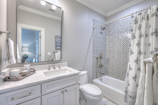 bathroom with visible vents, toilet, ornamental molding, shower / tub combo with curtain, and vanity