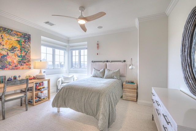 bedroom featuring light carpet, a ceiling fan, visible vents, and crown molding