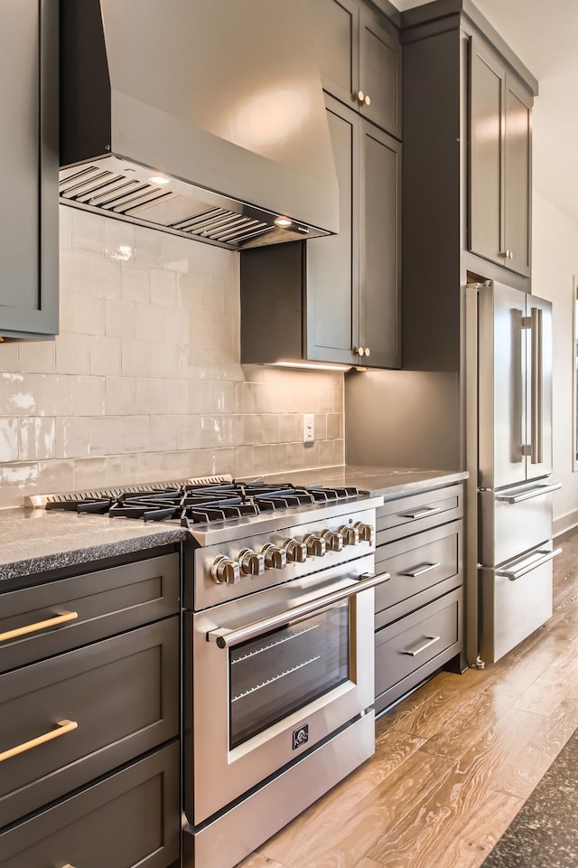 605A Morrow Rd, Nashville, TN 37209 - kitchen with light wood-style flooring, gray cabinetry, high quality appliances, wall chimney range hood, and backsplash