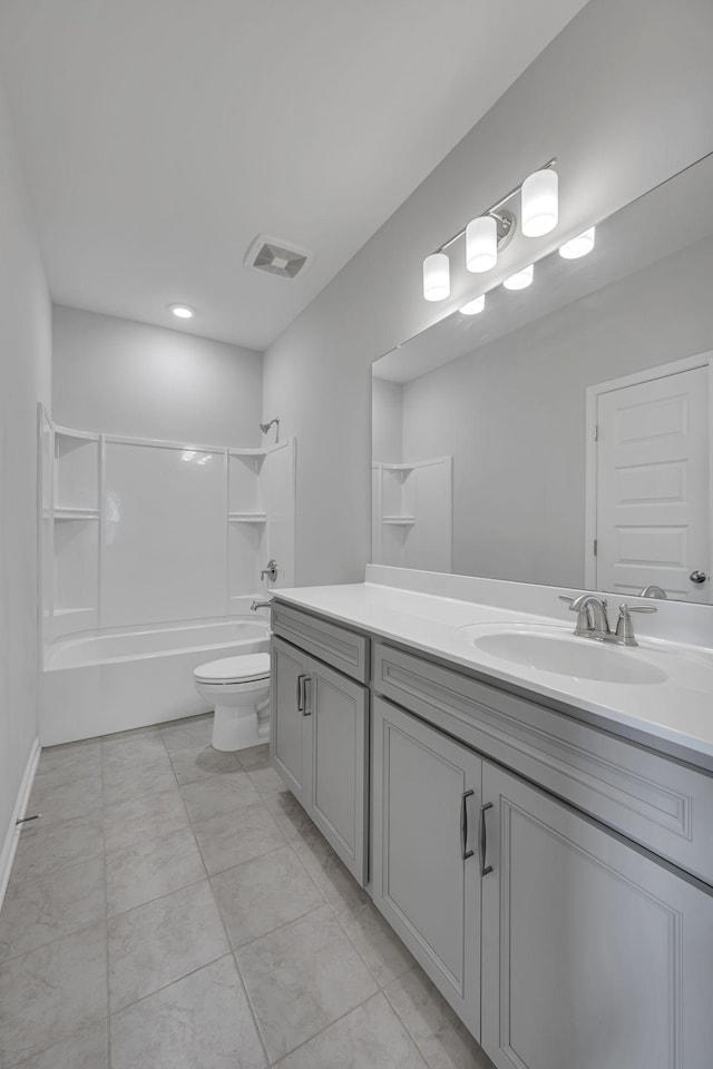 full bathroom with toilet, shower / bathtub combination, visible vents, and vanity