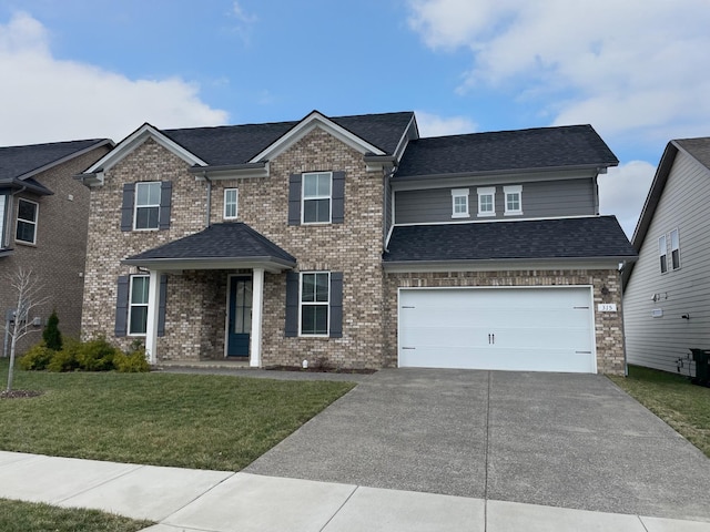 view of front of house with concrete driveway, brick siding, roof with shingles, and a front yard