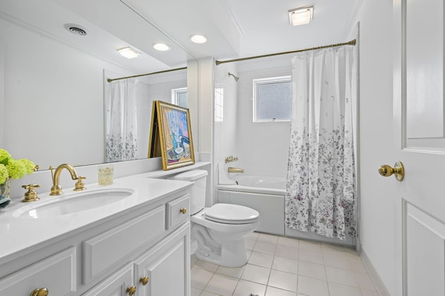 full bathroom featuring visible vents, ornamental molding, shower / tub combo, vanity, and tile patterned floors