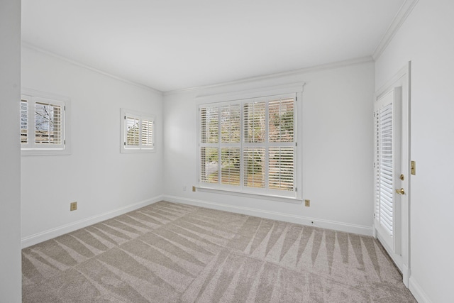 spare room featuring crown molding, baseboards, and light colored carpet