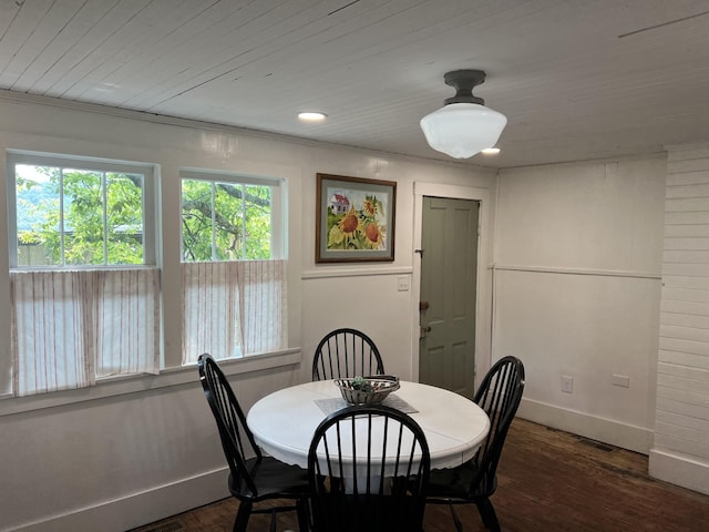 dining room with dark wood-type flooring, wood ceiling, and baseboards