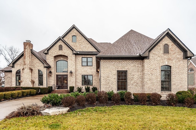 french country style house featuring a front yard, brick siding, a chimney, and roof with shingles