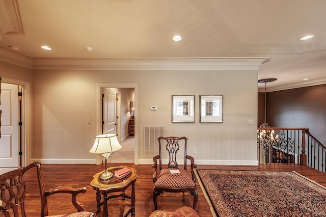 1225 Chloe Dr, Gallatin, TN 37066 - sitting room with dark wood-style flooring, recessed lighting, visible vents, and crown molding