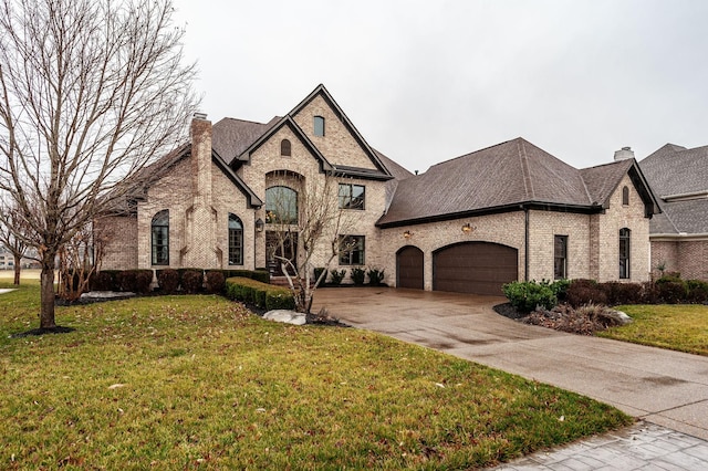 1225 Chloe Dr, Gallatin, TN 37066 - french country style house featuring an attached garage, brick siding, driveway, a front lawn, and a chimney