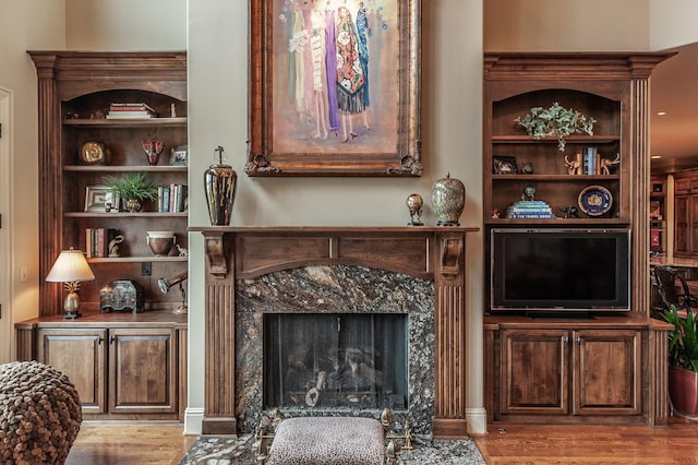1225 Chloe Dr, Gallatin, TN 37066 - living area featuring light wood finished floors, a high end fireplace, and built in features