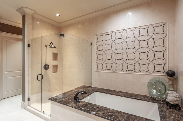 1225 Chloe Dr, Gallatin, TN 37066 - full bath featuring a stall shower, ornamental molding, a garden tub, and tile walls
