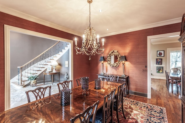 1225 Chloe Dr, Gallatin, TN 37066 - dining area featuring crown molding, stairway, dark wood-type flooring, a chandelier, and baseboards