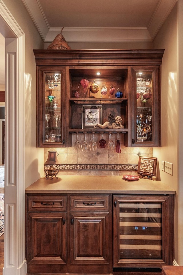 1225 Chloe Dr, Gallatin, TN 37066 - bar with ornamental molding, a bar, wine cooler, and tasteful backsplash