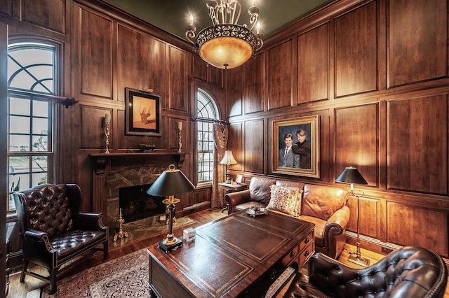 1225 Chloe Dr, Gallatin, TN 37066 - office area with wooden walls, a fireplace, and wood finished floors
