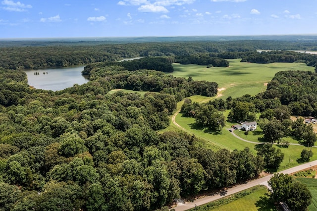 drone / aerial view with a water view and a view of trees