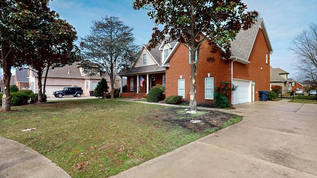 view of front of house featuring a garage, brick siding, driveway, and a front lawn