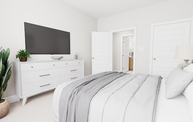 bedroom featuring light carpet