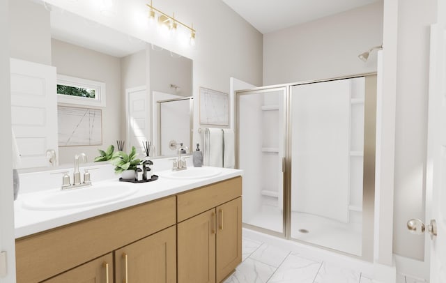 full bathroom with marble finish floor, a sink, a shower stall, and double vanity