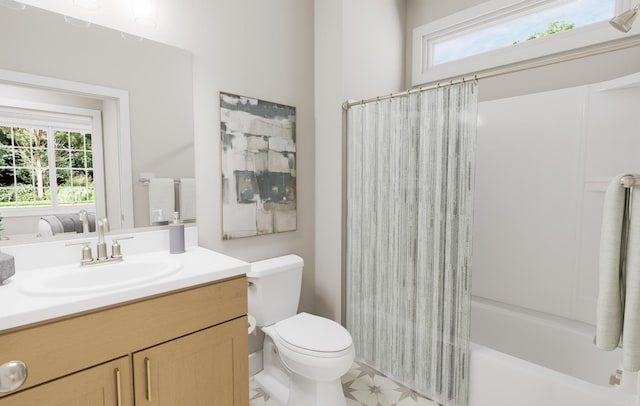 bathroom with toilet, shower / tub combo, and vanity