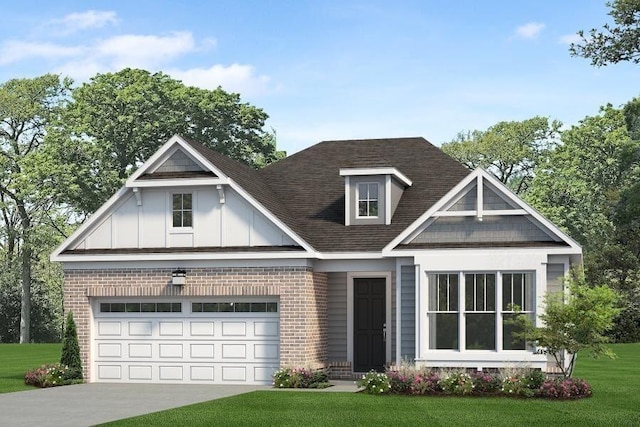 view of front of property featuring concrete driveway, brick siding, board and batten siding, and roof with shingles