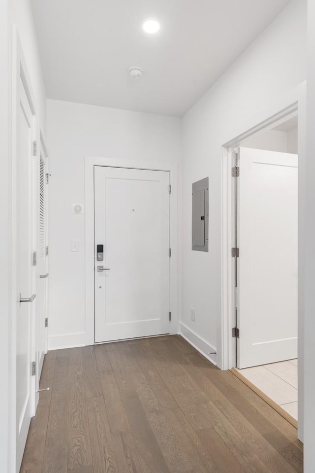 hallway featuring electric panel, baseboards, and wood finished floors