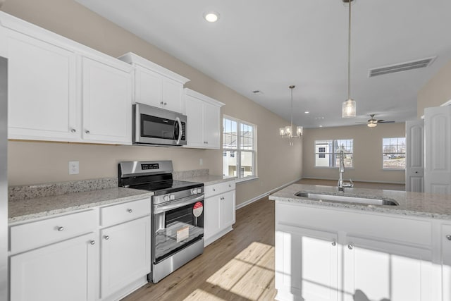 kitchen with white cabinetry, visible vents, stainless steel appliances, and a sink