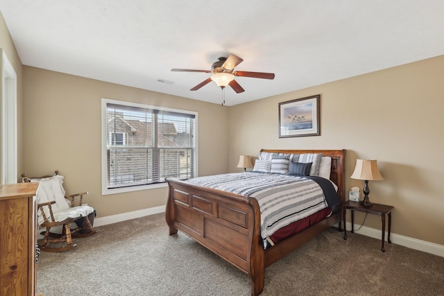 bedroom with ceiling fan, dark carpet, visible vents, and baseboards