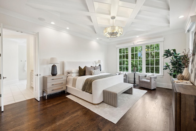 bedroom with dark wood-type flooring, coffered ceiling, baseboards, ornamental molding, and beam ceiling