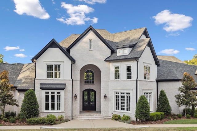 french country home featuring a shingled roof, french doors, and brick siding