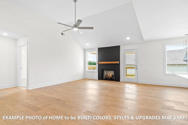 unfurnished living room with a large fireplace, visible vents, baseboards, and light wood finished floors