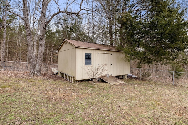 view of shed with a fenced backyard