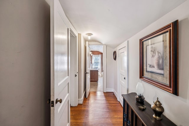 hallway featuring dark wood-type flooring and lofted ceiling