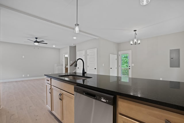 348 Welchwood Dr, Clarksville, TN 37040 - kitchen with light wood finished floors, a sink, stainless steel dishwasher, hanging light fixtures, and ceiling fan with notable chandelier