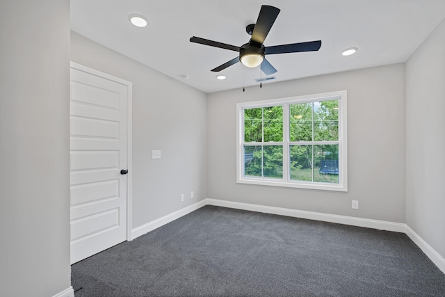 348 Welchwood Dr, Clarksville, TN 37040 - unfurnished room featuring recessed lighting, ceiling fan, visible vents, dark colored carpet, and baseboards