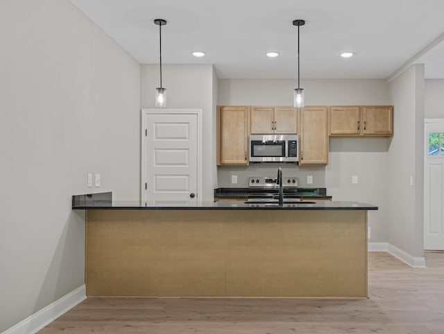 348 Welchwood Dr, Clarksville, TN 37040 - kitchen with a sink, stainless steel appliances, light wood-type flooring, baseboards, and dark countertops