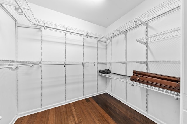 spacious closet with dark wood finished floors